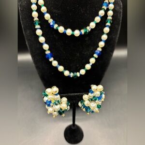 Signed Vintage Laguna Elegant Pearl w/ Blue & Green Crystal Bead Jewelry Set